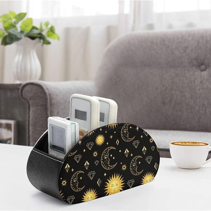 Sun Moon Star Gold Black Remote Control Holder with 5 Compartments, TV Remote Caddy Store Box Multi-functional Desktop Organizer Home&Office Accessories