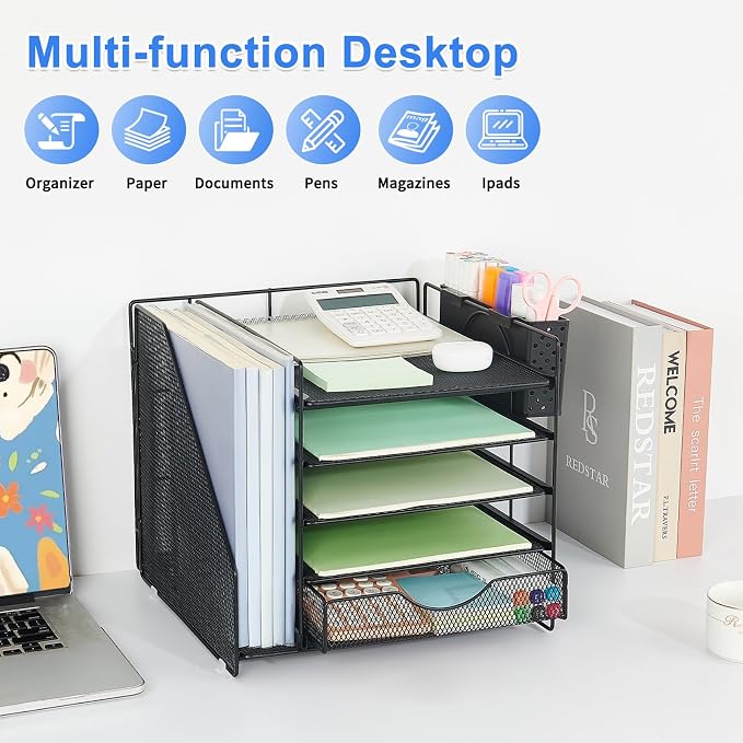 Desk Organizer with Drawer and Pen Holder, 5-Tier Paper Letter Tray Organizer with File Holder, Suitable for Workspace Organizer Office Supplies Storage (Black)