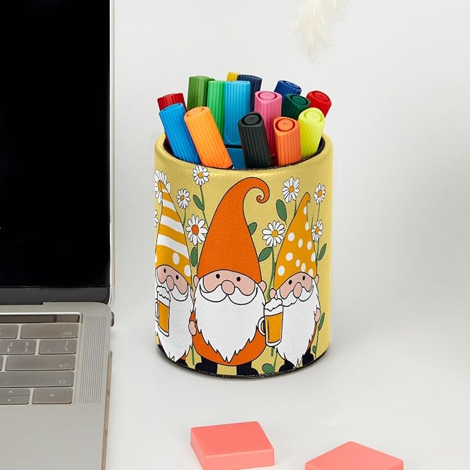 Gnomes Daisy Pen Holder Pencil Organizer Cute Pencil Cup Desk Decor Makeup Brush Holder PU Multifunctional Office Supplies for Home Classroom School