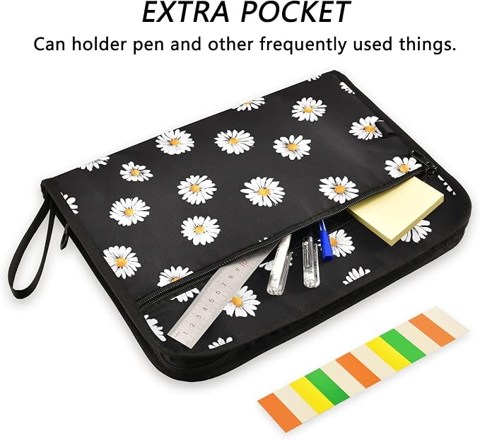 Expanding File Folder White Daisy Flower Black Accordion File Organizer 13 Pockets Document Organizer with Zipper Labels A4 Letter Office Storage