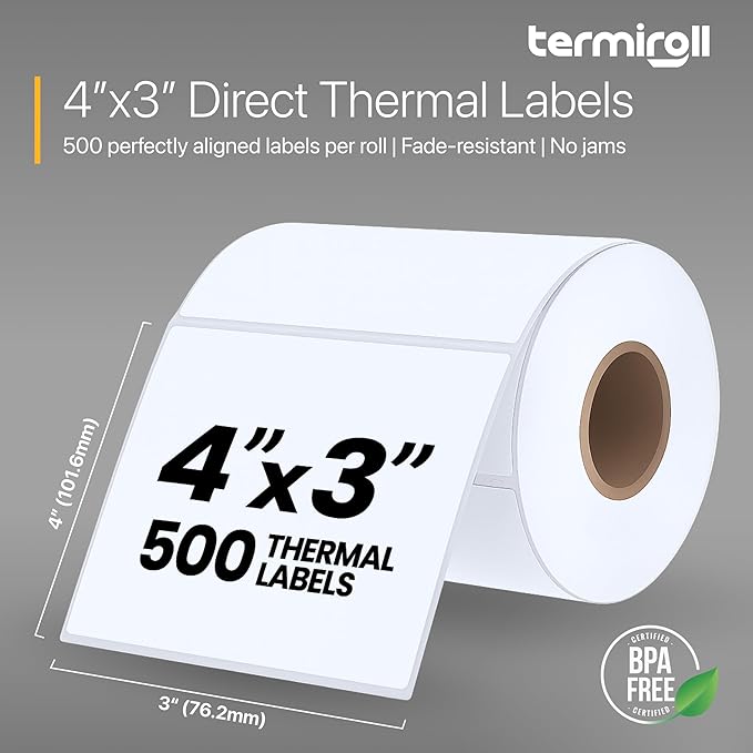 4x3 Direct Thermal Labels – 12 Roll Bulk Pack (6000 Labels), High-Volume Product & Inventory Barcode Labels, No Ink Required, Smooth Feeding for Rollo, Zebra & MUNBYN Printers