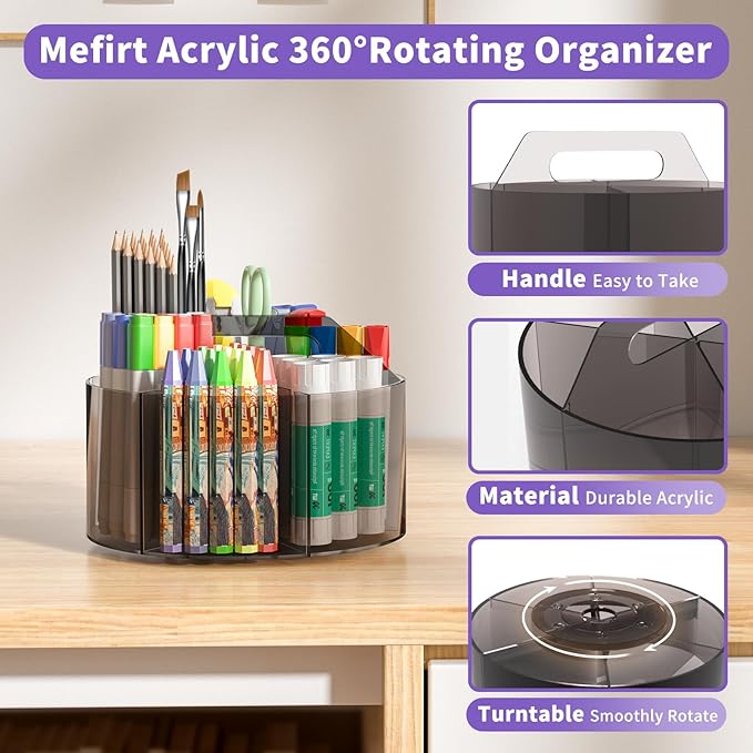 Mefirt Acrylic Pen Organizer, 360 Degree Rotating Desk Organizer with 6 Compartments Crayon Holder for Office, School, Home, Art Supply, Grey