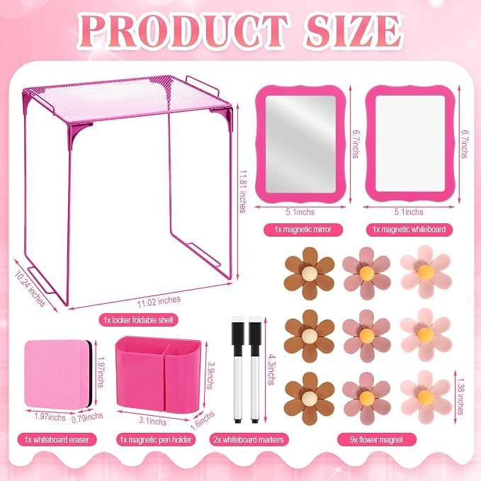 Colarr 16 Pcs Rose Red Locker Accessories for Girls Includes Magnetic Whiteboard & Mirror Locker Shelf Pen Holder 2 Dry Erase Marker & Eraser 9 Flowers for Back to School Essentials Decoration