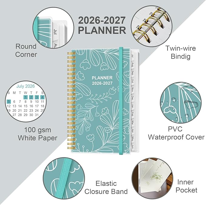 2026-2027 Pocket Planner/Calendar - 2026-2027 Weekly & Monthly Planner from July 2026 to June 2027, 12 Months Tabs, 3.75" x 6.75", Teal Leaf