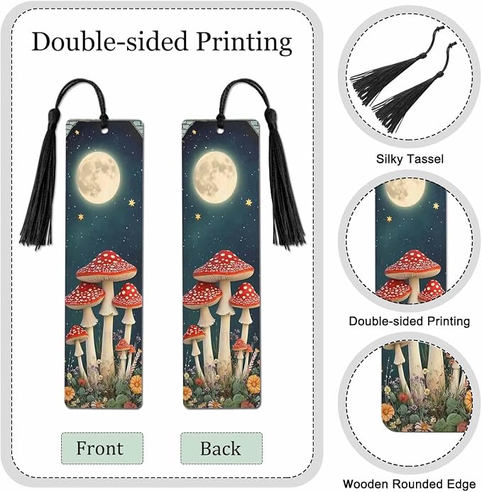 Mushroom Bookmarks 5 Pcs Moon Night Star Flower Wooden Bookmark with Tassels for Reading Book Lovers Gift Office School Readers Teacher