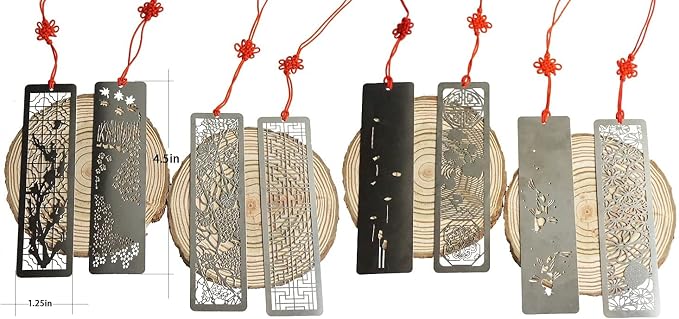Metal Bookmarks 8 Pcs Hollow Art Stainless Steel Book Mark with Red Enless Knot, Bookmarks Gift for Men Women Book Lovers, Unique Book Marks Accessories