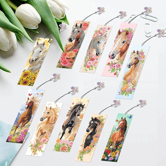 10 Pcs 5D Diamond Art Bookmarks for Reading Lovers, Handmade DIY Diamond Painting Book Marks with Tassels for for DIY Making Beginners Adults Arts Craft Supplies (Horse)