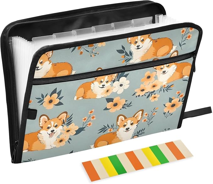 Expanding File Folder Corgi Flower Cute Accordion File Organizer 13 Pockets Document Organizer with Zipper Labels A4 Letter Office Storage