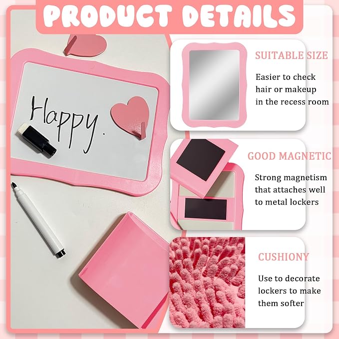 16 Pcs Locker Accessories Kit Pink Locker Organizer Decorations Include Bow Wallpaper String Light Magnetic Whiteboard Mirror Storage Cup Marker Rug Organizing Shelf for Back to School Supply