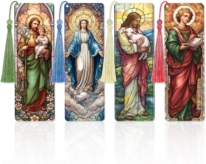 4 Pcs Stained Glass Religious PVC Bookmarks Gifts with Tassels, Catholic Saints Transparent Bookmarks for Reading Women, Christian Prayer Accessories, Bible Gifts for Book Lovers