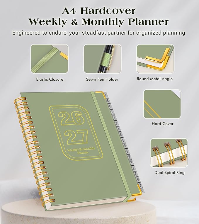 Planner 2026-2027, 18 Months Weekly and Monthly Hardcover Planner, January 2026 - June 2027, 8.5" x 11" A4 Large Daily Calendar Planner Book with Tabs, Spiral Yearly Agenda Organizer Notebook for School Work Home, Green