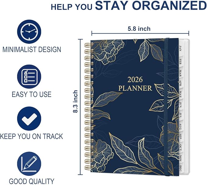 2026 Planner - Weekly and Monthly Planner Calendar from January 2026 to December 2026, Planning Agenda with Tabs & Inner Pocket, Spiral Bound for School/Office Supplies, 5.8'' × 8.3'', Blue Gold Leaf