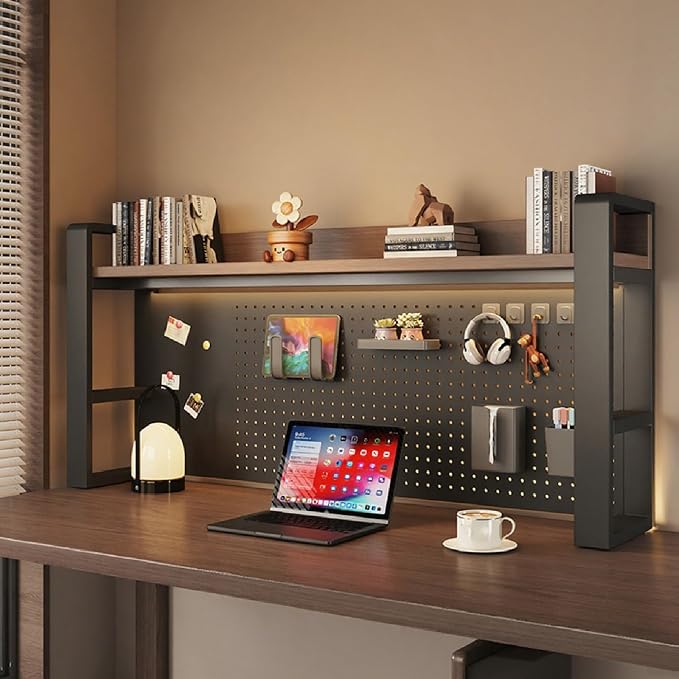 Desk Shelf Organizer for Top of Desk – Desktop Bookshelf with Pegboard & Storage Accessories, Adjustable Hutch for Dorm or Office, Steel Frame Display She Black frame + dark brown board 37.4*9.8*26in