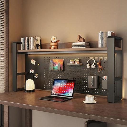 Desk Shelf Organizer for Top of Desk – Desktop Bookshelf with Pegboard & Storage Accessories, Adjustable Hutch for Dorm or Office, Steel Frame Display She Black frame + dark brown board 45.3*9.8*26in