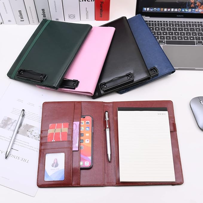 Wonderpool A4 Leather clipboard Folio Notepad with Interior Storage Pocket - Writing Padfolio File Document Case Holder for Office Travel School Hotel Hospital (A4,Green)