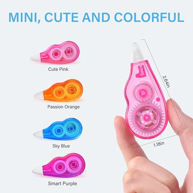 8-Count Pack Correction Tape, 13.12ft, Easy to Use Mini Correction Tape, Dry Instant Tear-Resistant and Silent, School Office Supplies, Multicolor