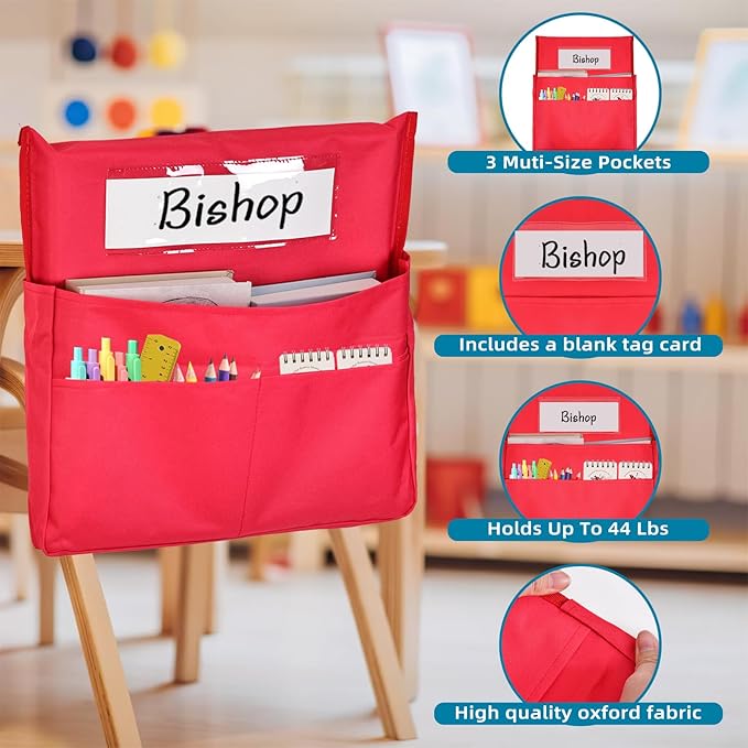 12 Pcs Classroom Chair Pockets, 15.9 x14.8 inch Chair Pockets for Classroom, 6 Bright Color Seat Sacks for Classroom Chairs, Buddy Pocket, Chart Seat Back Organizer with Name Tag