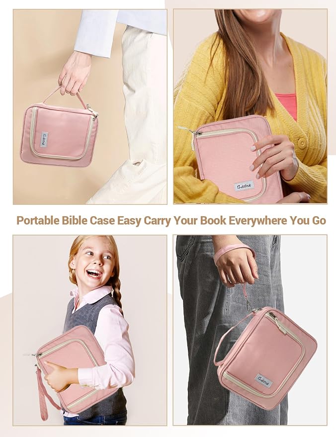 Bible Cover Case for Women, Church Study Book Bible Bag, Bible Carrying Case with Pockets for Bible Accessories, Bible Book Cover with Zipper Christian Gifts fits Bible Size Up to 9.5"x8"x2" Pink