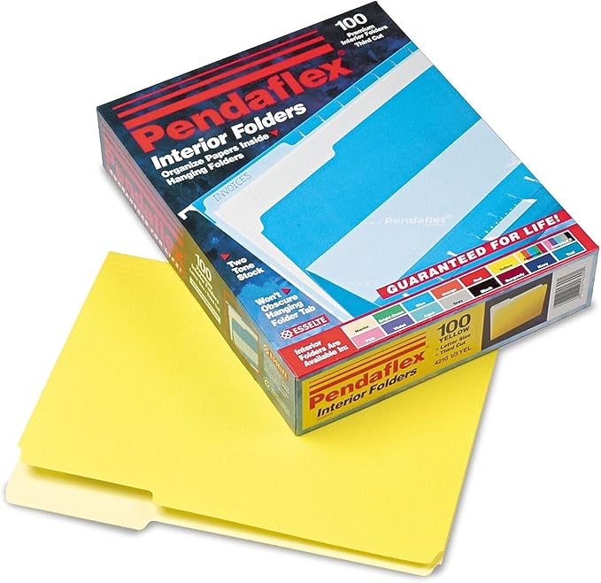 Pendaflex Interior File Folders, 1/3 Cut, Top Tab, Letter Size, Yellow, 100 per Box (4210 1/3 YEL)