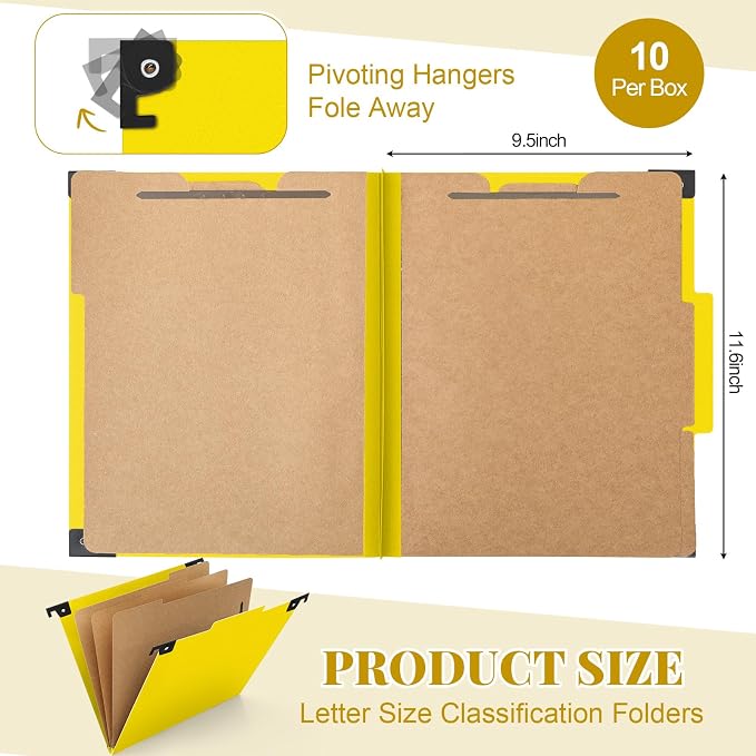 Henoyso 10 Pcs Hanging Classification File Folders, Letter Size Yellow Folders with 3 Pressboard Dividers, 8 Fasteners, 4 Inch Expansion, 1/3-cut Top Tab for Medical Records and File Cabinet Organizer