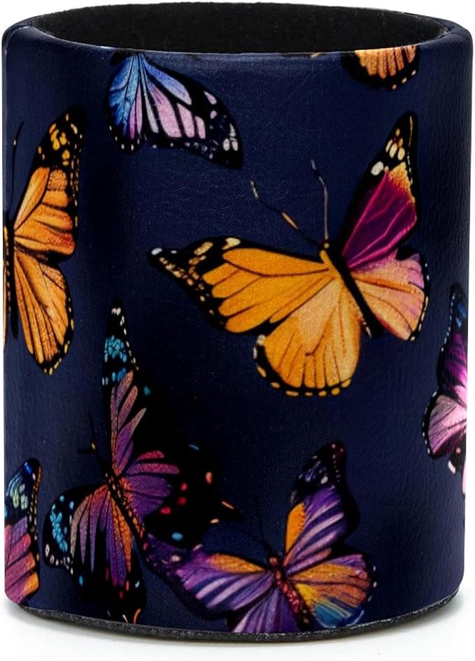 Pen Holder for Desk, Seamless Butterflies Aesthetic Pattern Leather Round Pencil Cup Stationery Supplies Holder, Large Capacity Makeup Brush Holder for Home, Office