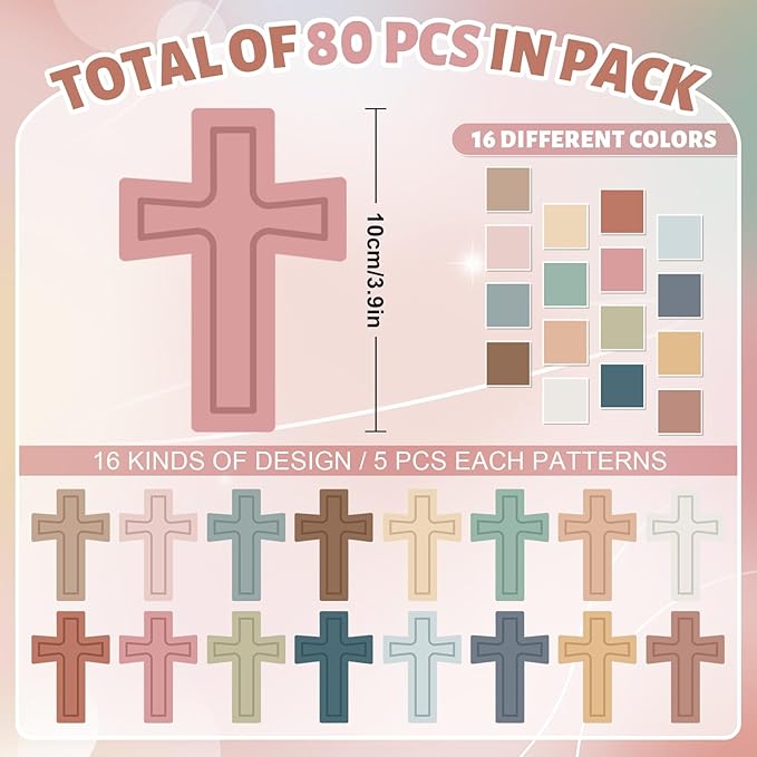 Boho Cross Cutouts with Glue Points 16 Colors Cross Shape Paper Cut-Outs Easter Christian Bible Jesus Resurrection Bulletin Board Decor for DIY Craft Art School Home Party Favor, 80Pcs