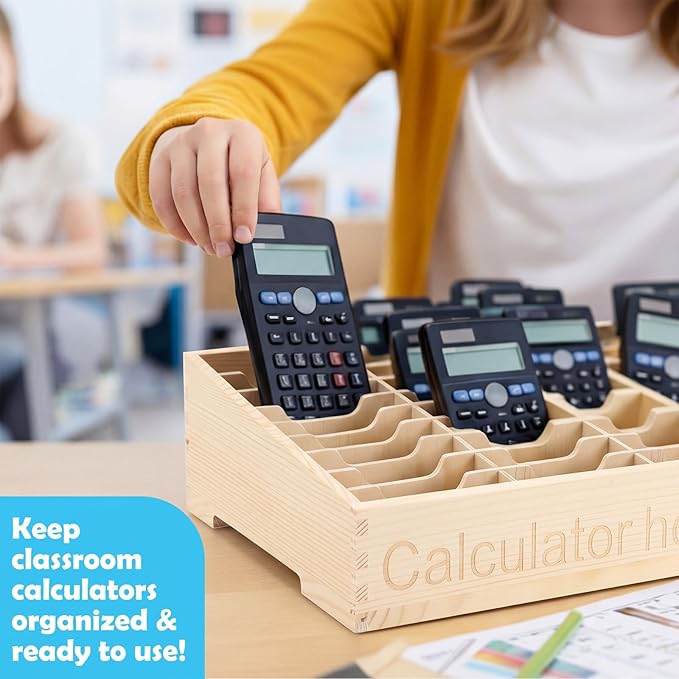 Ripeng 24 Grid Calculator Holder for Classroom with 24 Number Stickers Wooden Calculator Organizer Box Cell Phone Organizer Desktop Storage Tray Caddy for Classroom Office Meeting Room