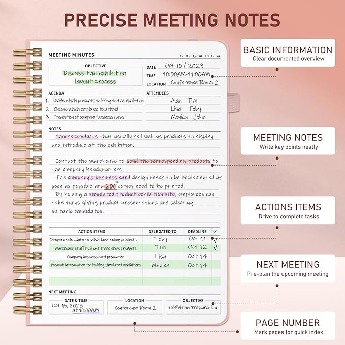 WEMATE Meeting Notebook for Work B5 (7"x10") - PU Leather Work Notebook with Agenda, Action Items & Notes - 200 Pages for Men&Women, Staff and Students, Meeting, Projects Planning -Rose Gold