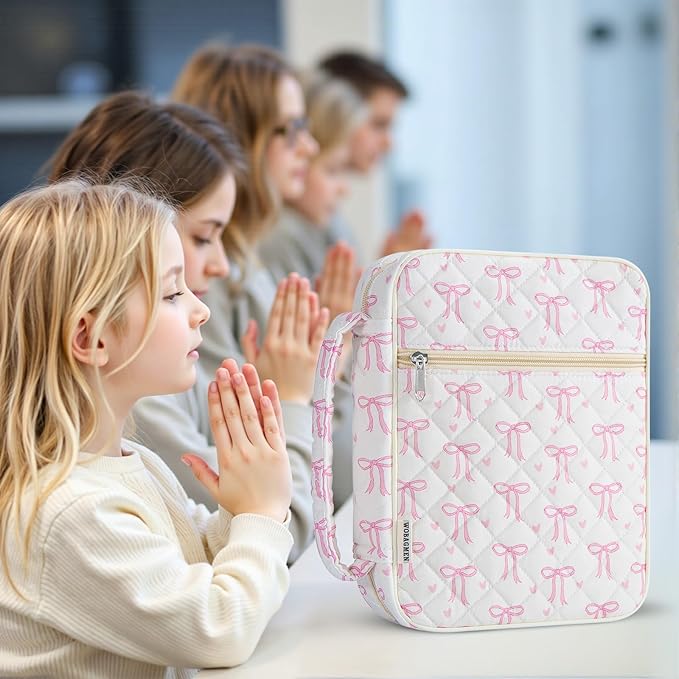 WOBAGMEN Bible Cover Case for Women,Large Bible Tote Bags Organizer Quilted Carrying Case for Girls,Bible Study Supplies Accessories Christian Gifts for Women (Pink Bow Heart, M)