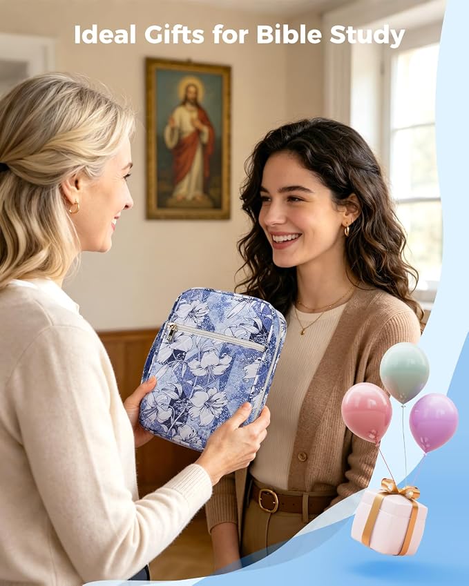 WANDF Bible Cover Case for Women, Quilted Bible Bag with Strap (M,Blue) | Large Capacity, Bible Study Supplies, Church Service, Journaling Accessories, Christian Gifts