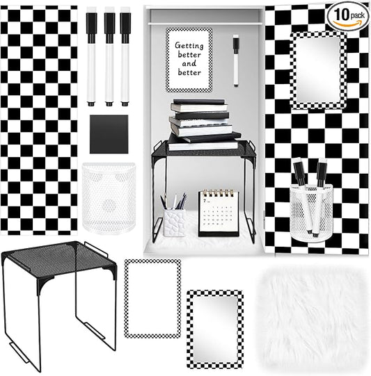 Demonwer 10 Pcs Locker Accessories Kit Black White Checkered Locker Organizer Magnetic Whiteboard Mirror Pen Holder Pen for Storage Organizing Shelf Back to School Party Supply