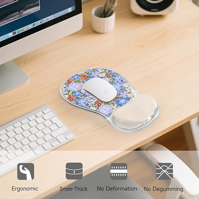 AUPET Ergonomic Mouse Pad with Gel Wrist Support – Non-Slip Mouse Mat with Comfortable Memory Gel Cushion – Relieves Wrist Pain – Designer Pattern for Home Office & Gaming (Violet-Blue Blossom Patch)