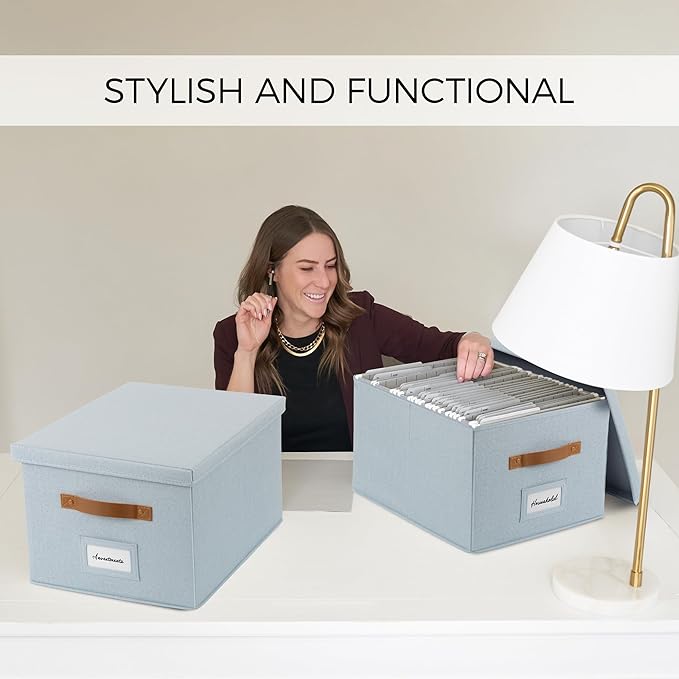 Decorative File Organizer Box Set of 2 - Collapsible Linen Filing Cabinets with Handles Are Perfect to Store All Your Documents & Hanging File Folders - Portable Easy Slide Office Crates with Lid