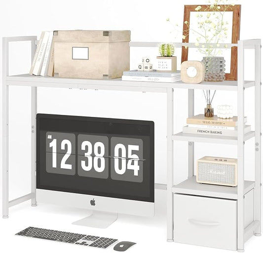 Desk Shelf with Drawer, 41.3" Desktop Organizer Shelf, Desk Hutch for Computer Monitor Max 32", 3 Tier Desktop Display Rack, Wooden Desk Top Bookshelf Storage Rack for Home Office Dorm, White