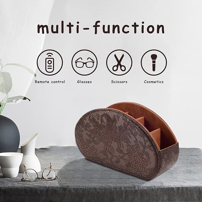 Tv Remote Holder Tray with 5 Compartment,PU Leather Remote Control Holder/Caddy,Placed Media Remote Storage Box/Glasses/Makeup Brush/Office Products/Desktop Organizers Nightstand Decoration (Retro)