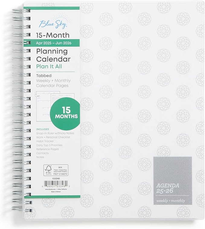 Blue Sky 15 Month 2025-2026 Weekly and Monthly Academic Year Planner Calendar, April 2025 - June 2026, 7" x 9", Flexible Cover, Wirebound, Laminated Tabs, Includes Ruler & Sticky Notes, Regency