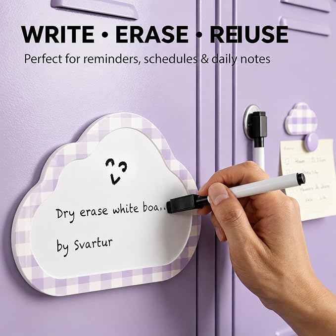 Svartur Magnetic Locker Accessories Set - Locker Mirror, Dry Erase Whiteboard, Magnetic Pen Holder & Cute Magnets, Aesthetic School Locker Decor for Girls, Locker Organizer Kit, Purple