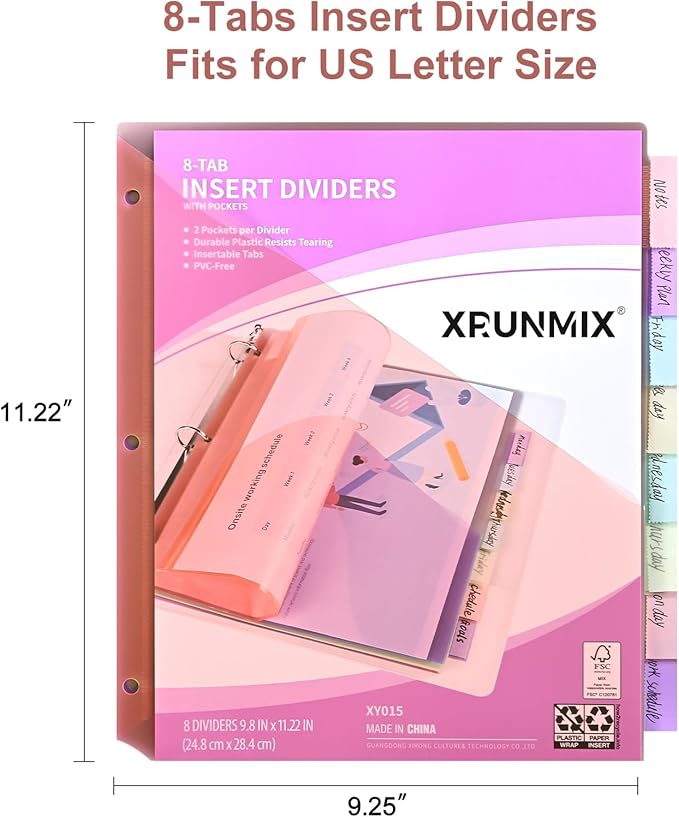 Bulk 12 Packs 8-Tab Binder Dividers with 2 Pockets, 96 Counts Binder Dividers Index for 3 Ring Binders, 8 Pastel Colors, US Letter Size (12)