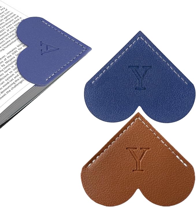 2Pcs Personalized Leather Heart Bookmark with Initial, 26 Letters Custom Corner Page Book Mark for Reading Women, Book Lovers, Teachers, Students, Cute Book Accessories Gifts(Blue+Dark Brown, Y)
