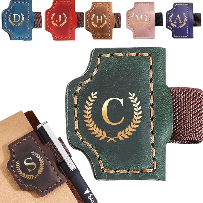 Personalized Mark Bookmark with Pen Holder, Leather Magnetic Book Marker 26 Letters,Custom Initials Page Marks, Gifts for Book Lovers Readers Men Women (Green, C)