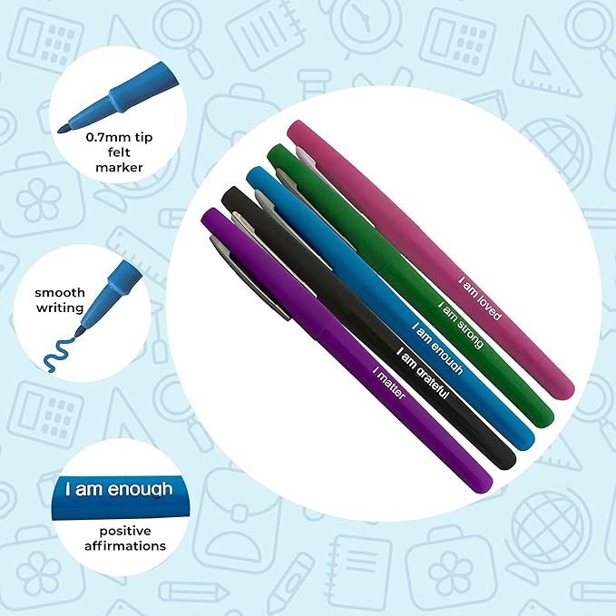 Felt Tip Pens with Positive Affirmations – Perfect for Teachers & Educators, Marking & Corrections – Great for Writing, Journals, Drawing, Planning – Great gift idea! (5 pack)