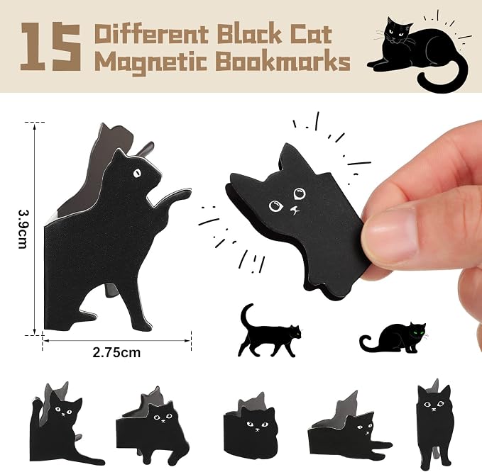 Teling 30 Pieces Black Cat Magnetic Bookmarks Assorted Cute Cat Bookmark Magnetic Book Page Clips Kawaii Animal Page Markers for Book Lovers Gifts Office Home Supplies, 15 Styles