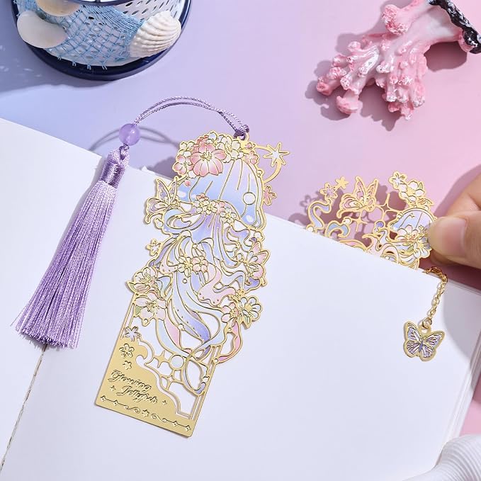 2 Pcs Metal Bookmark Gift Box, Golden Hollow Bookmarks Ocean Painting Theme Book Mark for Women, Book Lovers Writers Readers and Teens, Perfect for Birthday and Graduation Gifts(Purple)