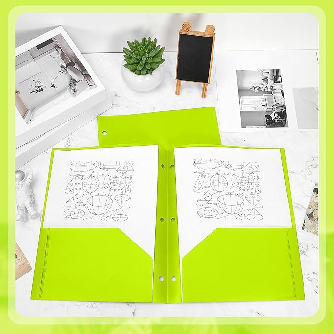 Yeaqee 100 Pcs Plastic Folders with Pockets Bulk 3 Hole Punched 2 Pocket File Folders for 3 Ring Binder Divider Folder for Notebooks, Durable Poly for Office Home (Fluorescent Green)