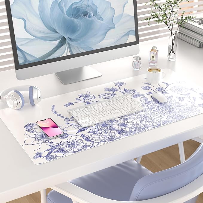 Colorful Star Large Mouse Pad, Floral Desk Mat Office Supplies, Waterproof Faux Leather Big Gaming Mousepad for Women Girls, Vintage Blue Flowers Desk Pad Home Office Décor Accessories 31.5" x 15.7"