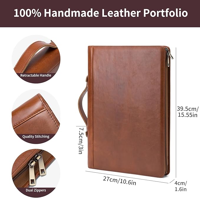 Genuine Leather 3 Ring Binder Portfolio, 8.5 x 14 Legal Size Pad Holder, Hidden Handle, Zippered Padfolio with 15” Laptop Organizer, Professional Business Folio for Men Women, Brown, Oil Tanned