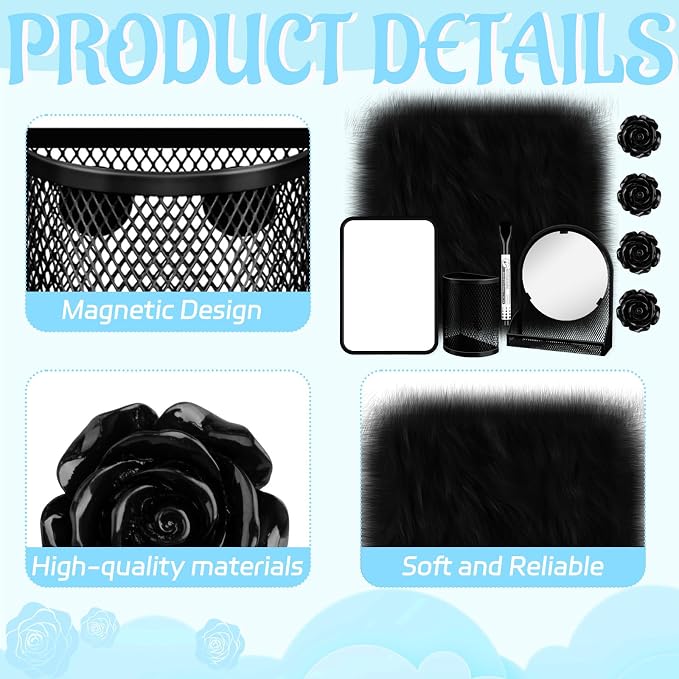 8 Pcs Locker Accessories Kit Black Magnetic Mirror, Magnetic Pen Holders, Cute Flower Magnets,Locker Decorations Supplies First Day of School Essentials Work Locker Organizer