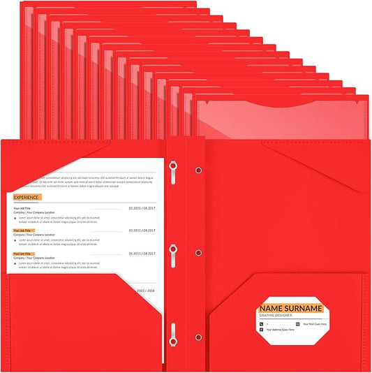Henoyso 36 Pcs Plastic Folder with Clear Front Pocket and 3 Prong Plastic Folders with Card Slot Pocket Folders with Prongs for School Office (Red)