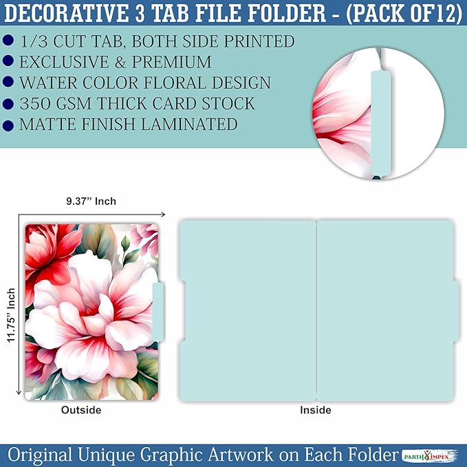 PARTH IMPEX 12 Pack Decorative Floral File Folders, 1/3 Cut Tab with Assorted Positions, Letter Size Paper Holders (9.75” x 11.75”) Matte Finish Laminated, Cute Fancy Folder for Office School Work
