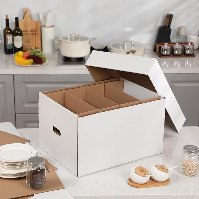 Fuyoooo 2 Pack Large Dish Packing Boxes for Moving with Divider 20 x 15 x 12 Inch Kitchen Moving Boxes with Reinforced Handle Lid Packing Supplies for Dishes and Glassware